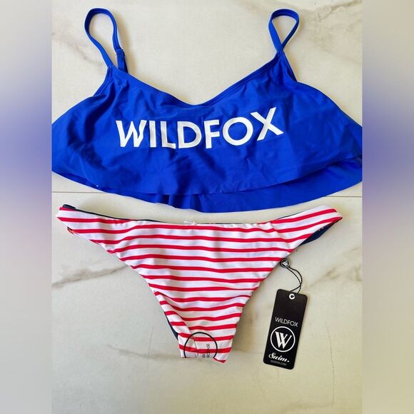 Nwt Wildfox American reversible patriotic stripe red white blue ruffle bikini - Picture 1 of 4